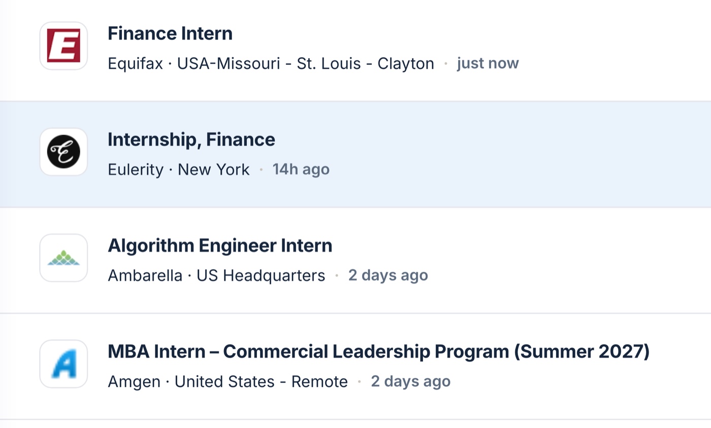 The Useno internships board: live student roles at Equifax, Eulerity, Ambarella and Amgen, each with its company logo, location and how long ago it was posted.